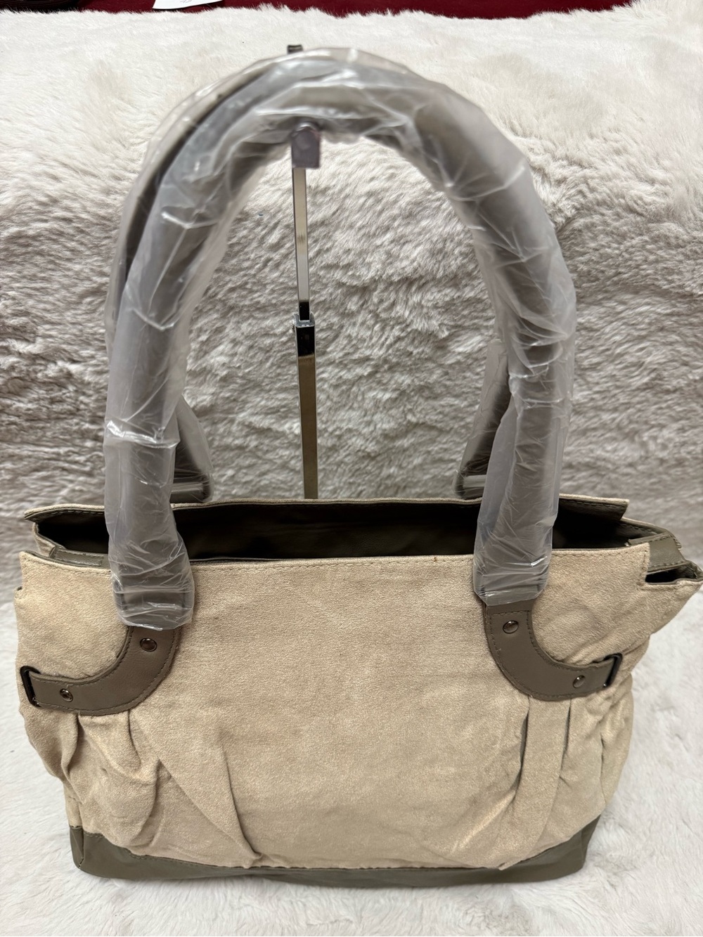 Beige Suede Shoulder Bag with Taupe Trim
